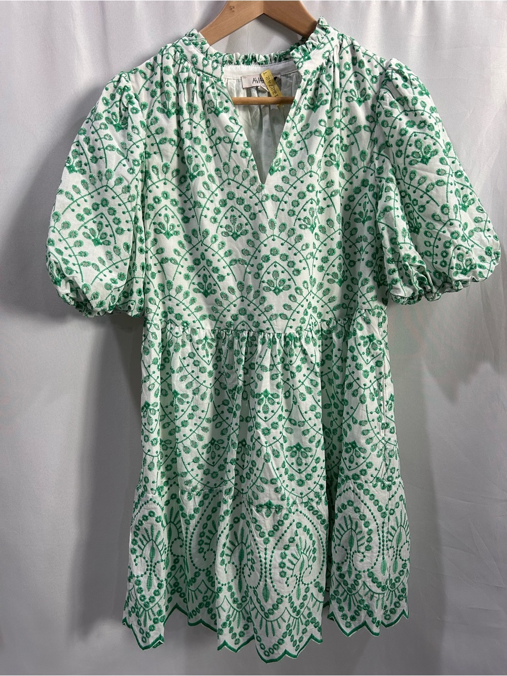 Avara Green Embroidered White Puff Sleeve Boho Tiered Dress LN